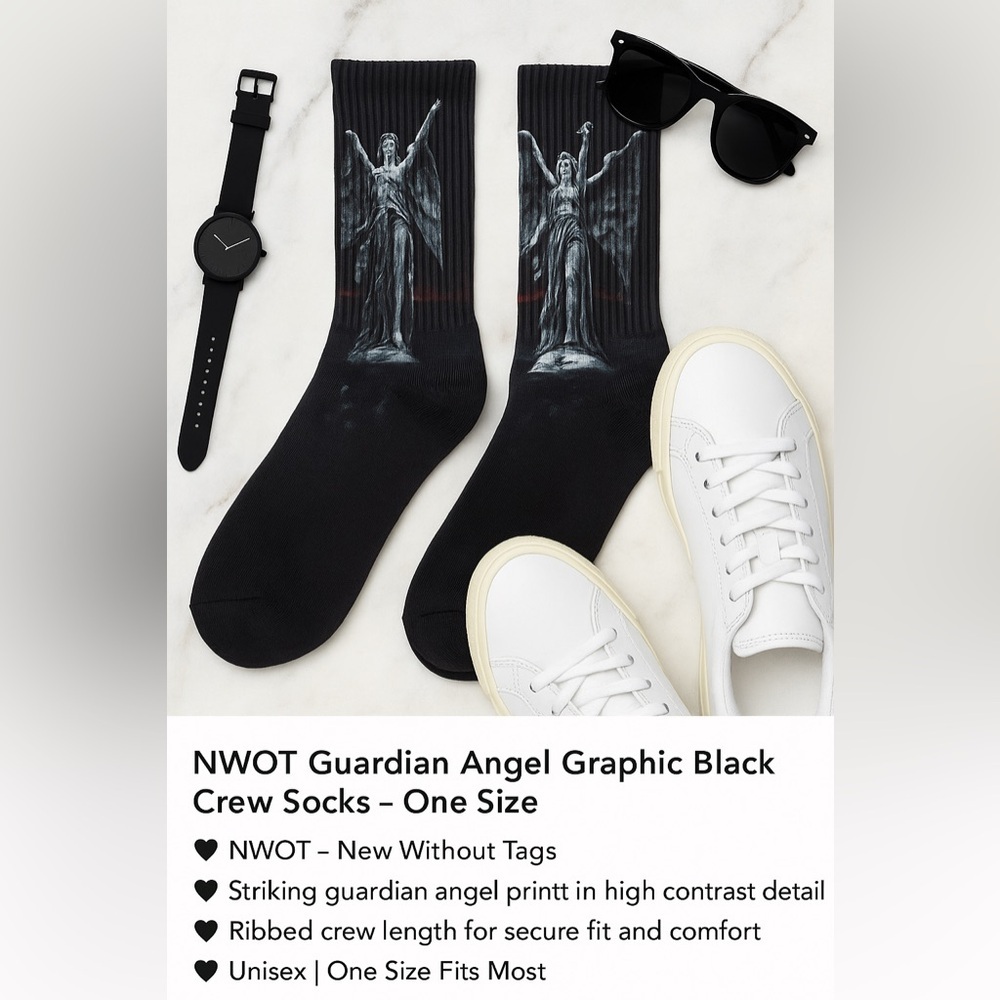 NWOT Guardian Angel Graphic Black Crew Socks - One Size